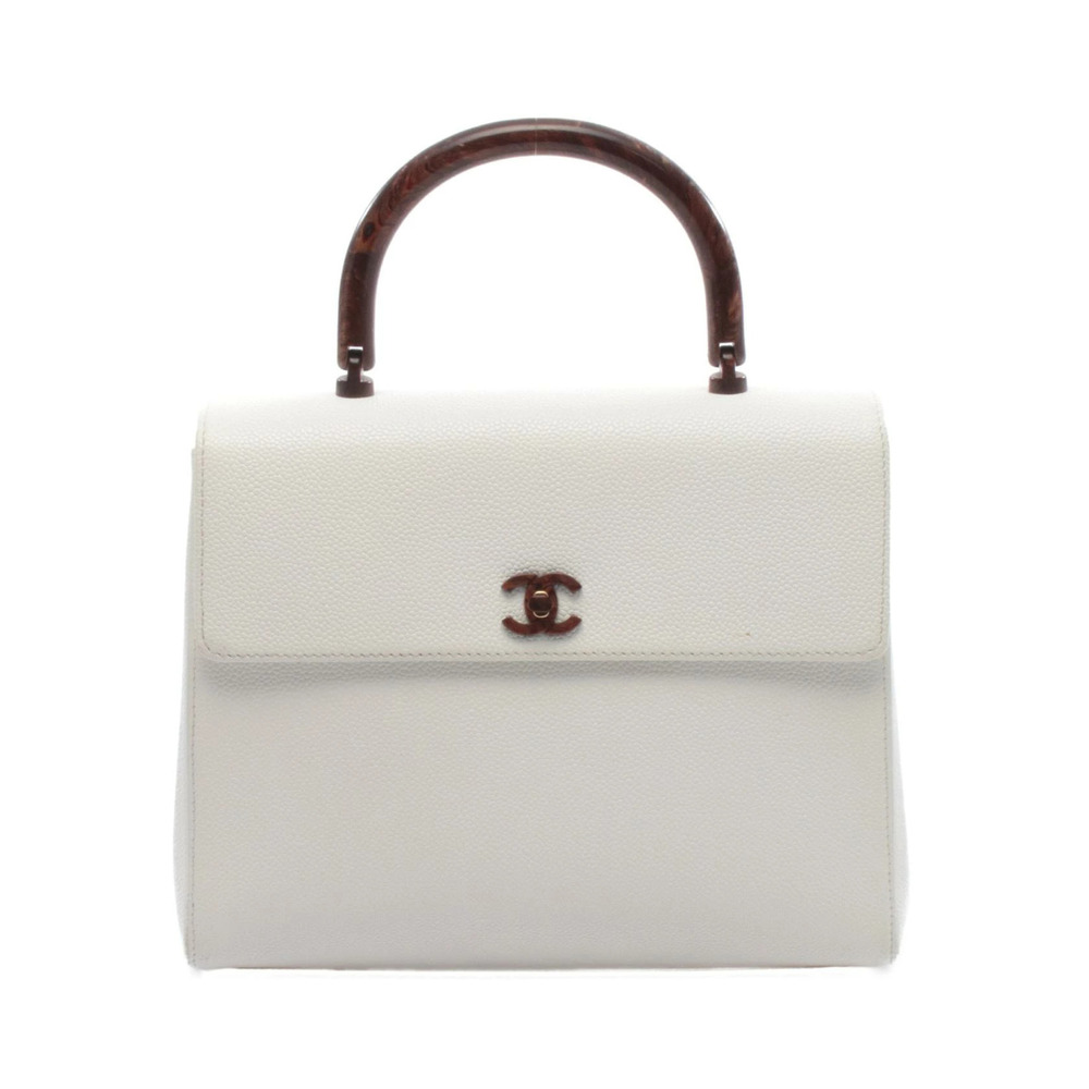 Chanel Coco Mark Handle Bag Handbag Leather Grained Calfskin White Brown